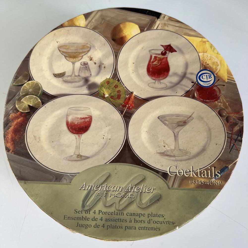 Set of 4 American Atelier "Cocktails"  Snack/Appetizer  Plates  #5345 EUC In Box